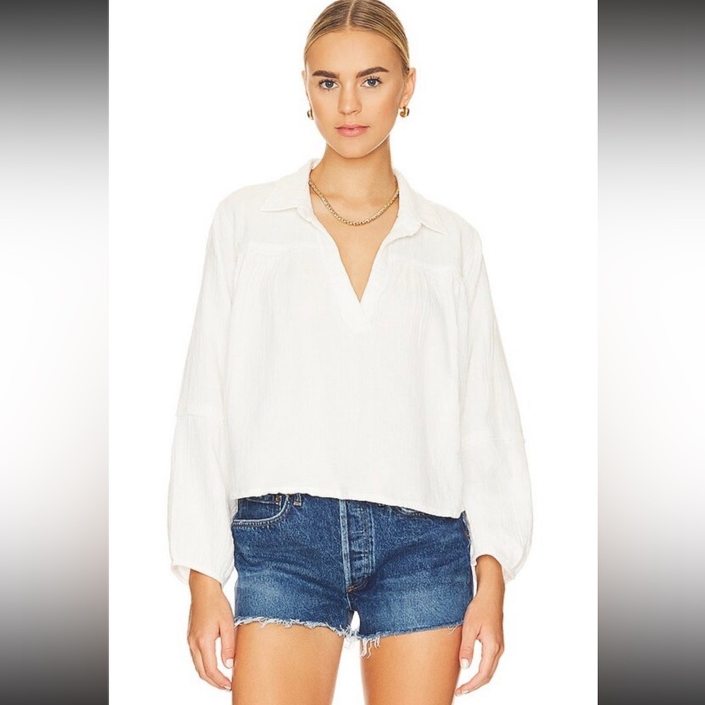 Free People White Gauze V-Neck Peasant Top